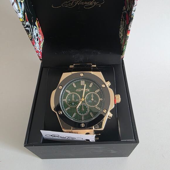 Ed Hardy Men’s Gold Tone Watch Green Dial Chronograph Style New With Box main image 6